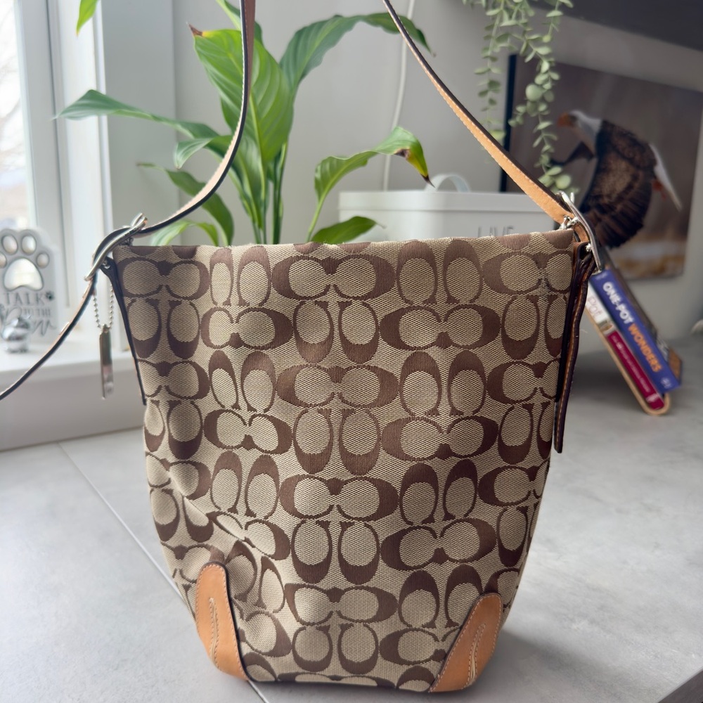 Coach Brown and Tan Shoulder Bag with Monogram Pattern